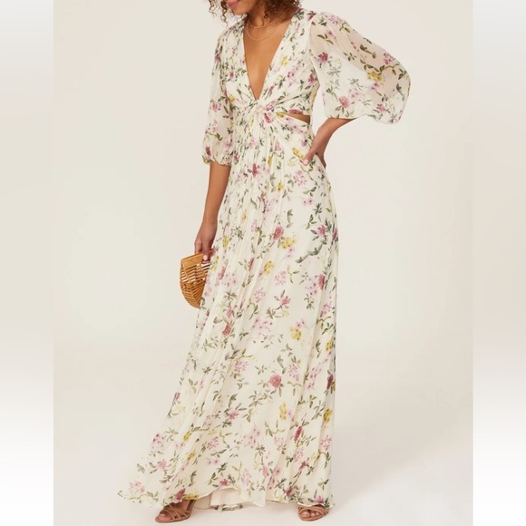 ML Monique Lhuillier Floral Print Pleated Chiffon Puff Sleeve Cutout Maxi Gown 2